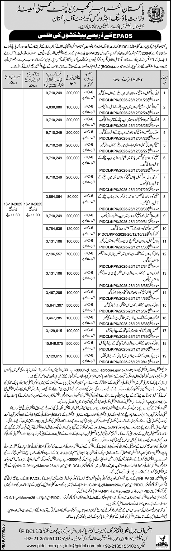 Pakistan Infrastructure Development Company Limited Karachi Tender Notice